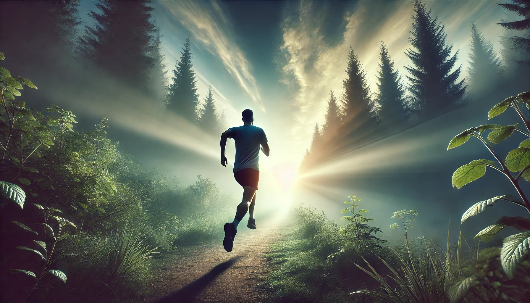 A runner in mid-stride on a misty forest trail at dawn.