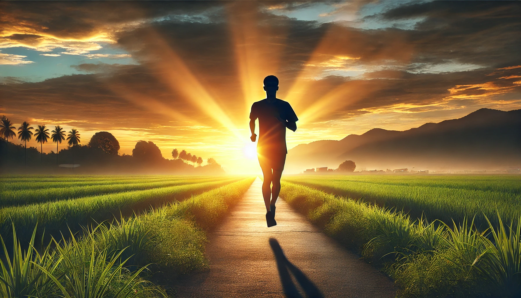 A runner silhouetted against a glowing sunrise.