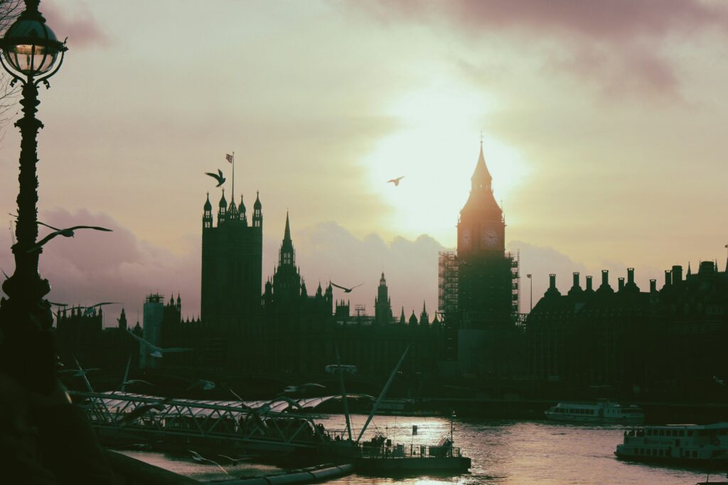 Downtown London at sunset.