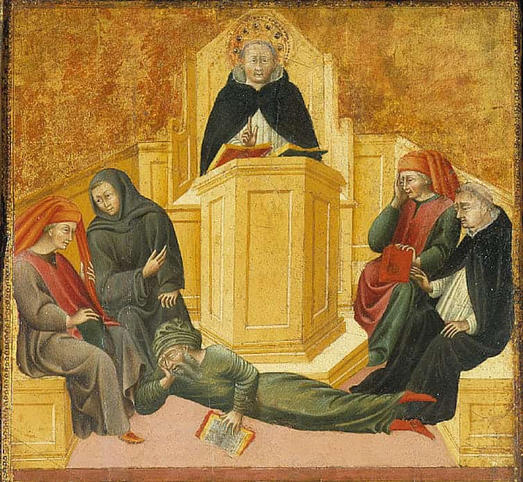 A golden-hued painting of four men in robes seated around an upset man lying on the floor, as another man stands at a podium.