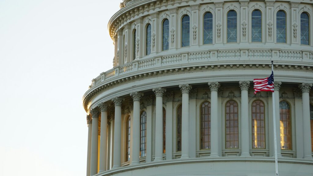 A portion of the US capitol building as seen from outside.