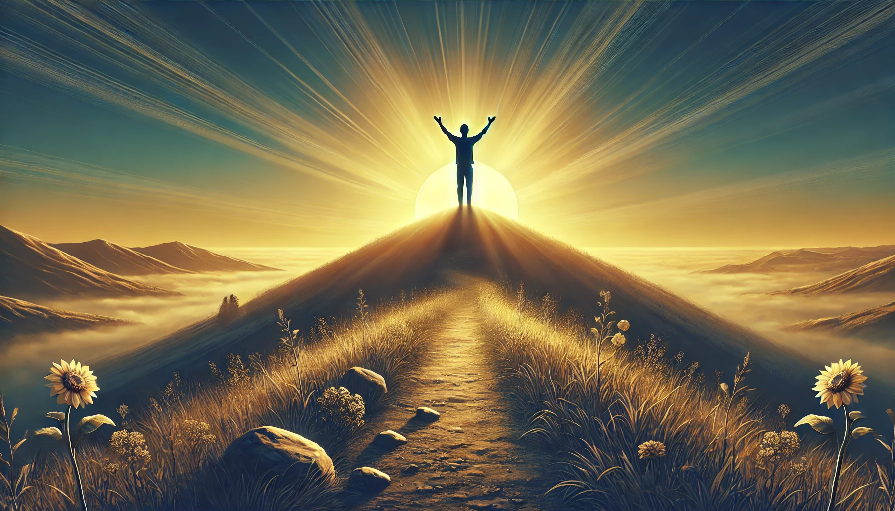 realistic horizontal illustration depicting a person standing atop a hill at sunrise, with hands raised in a gesture of declaration and surren