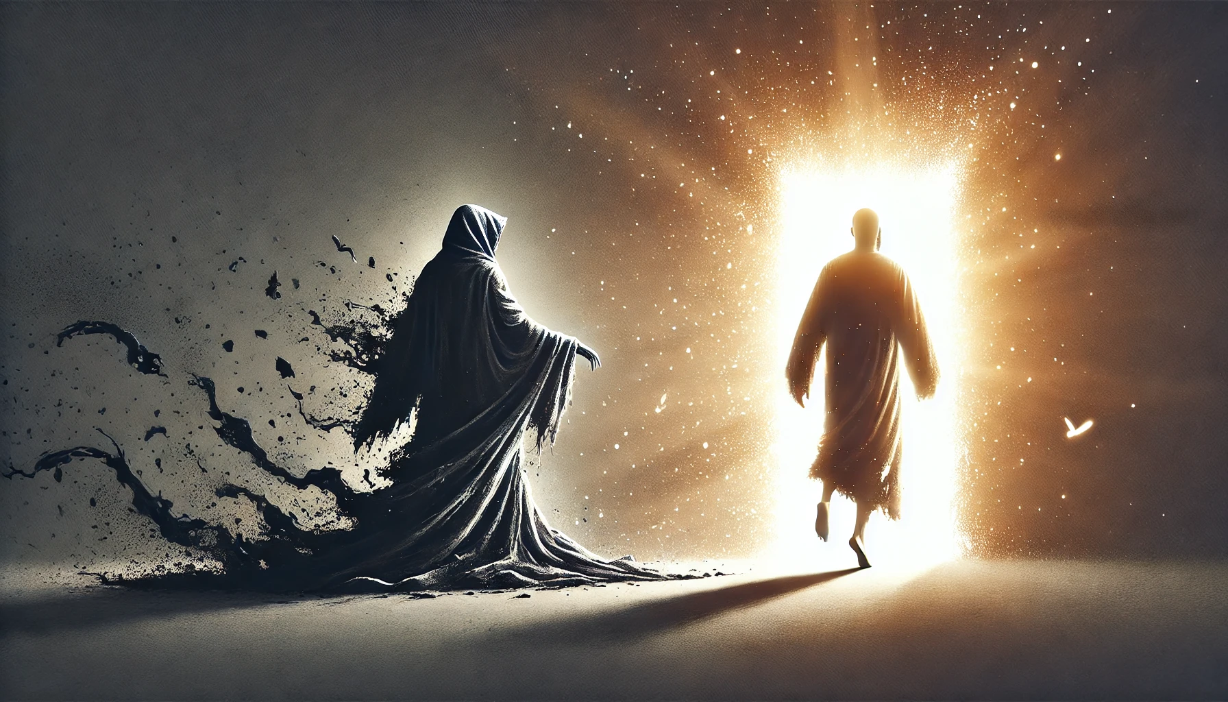 realistic horizontal illustration inspired by Colossians 3_9. The scene depicts a figure stepping out of a dark, tattered cloak (rep