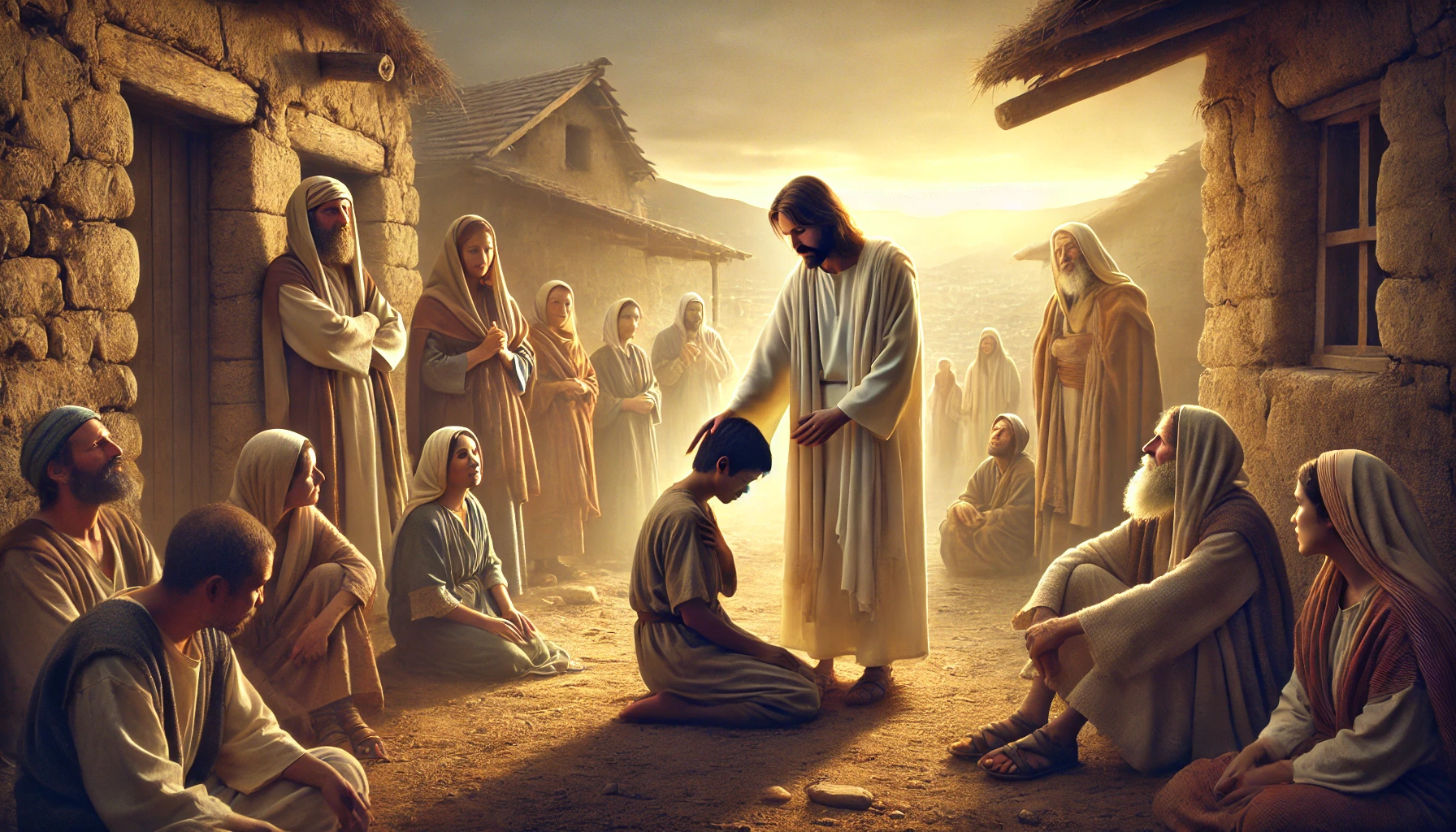 realistic horizontal illustration of Jesus in a humble village setting, gently healing a sick person surrounded by a group of onlookers. 