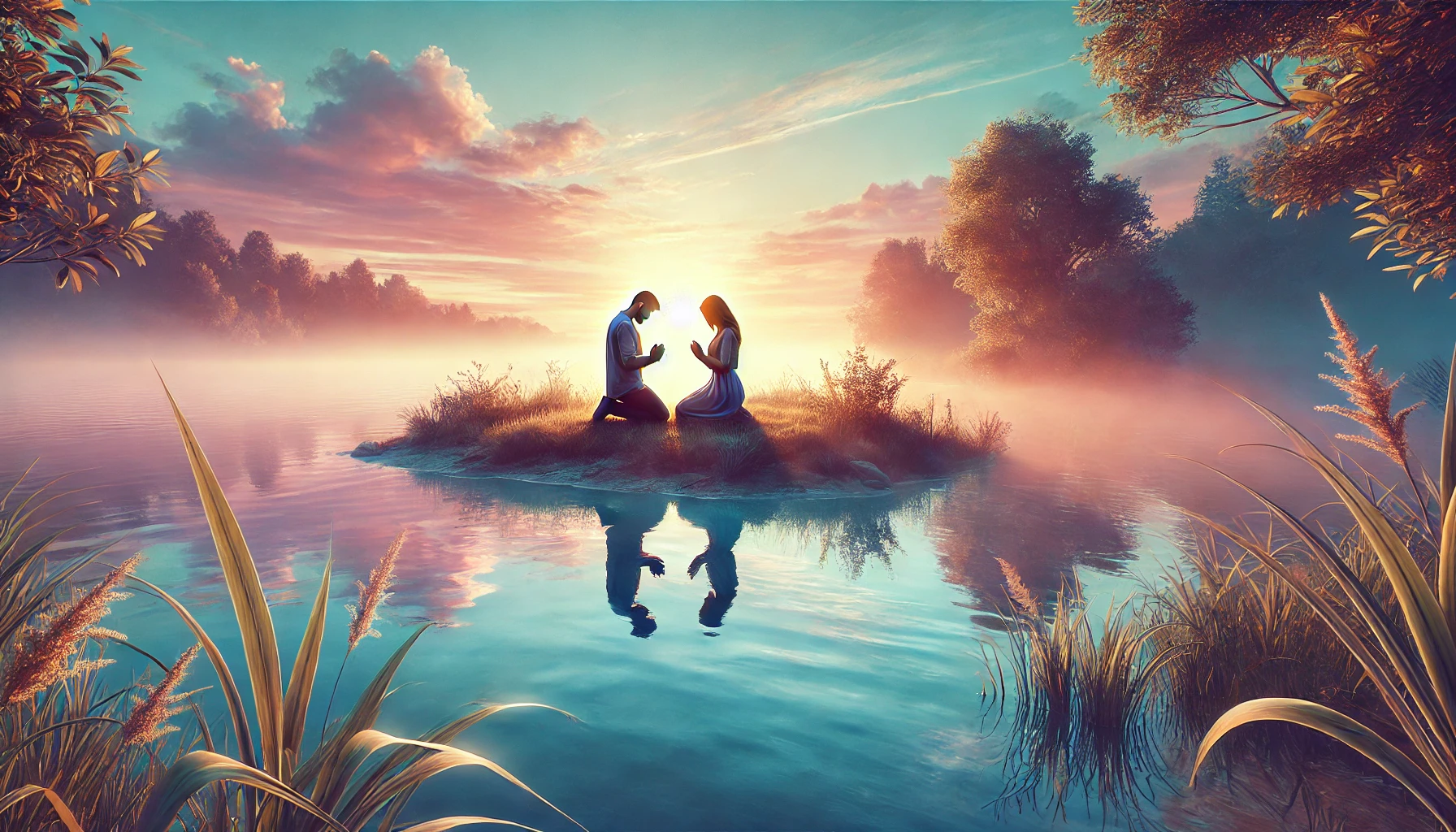 realistic horizontal illustration of a couple kneeling together in prayer at the edge of a tranquil lake during sunrise. The water reflects th