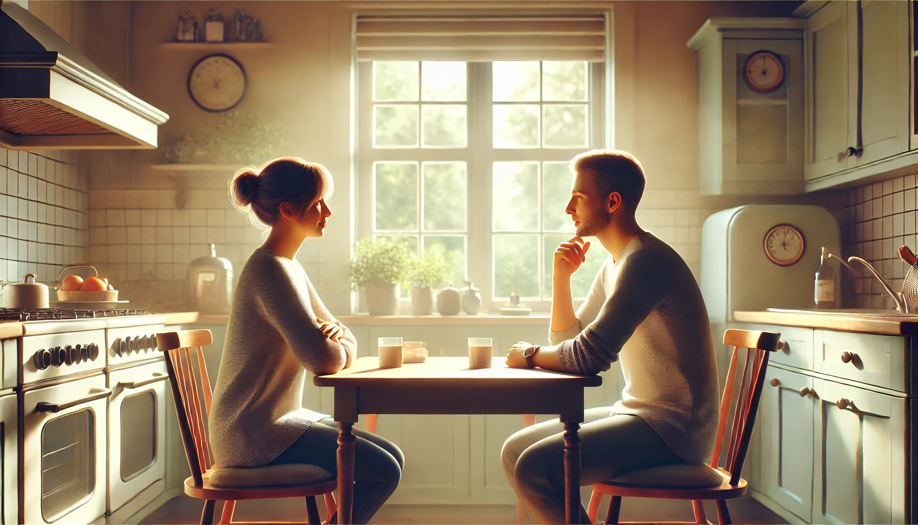 a couple sits at a kitchen table.