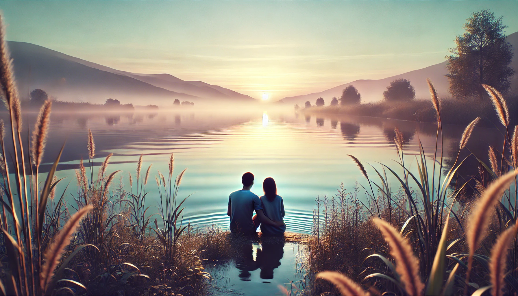 realistic horizontal illustration of a couple sitting by a tranquil lake at sunrise, their backs turned to the viewer. The lake reflects the s