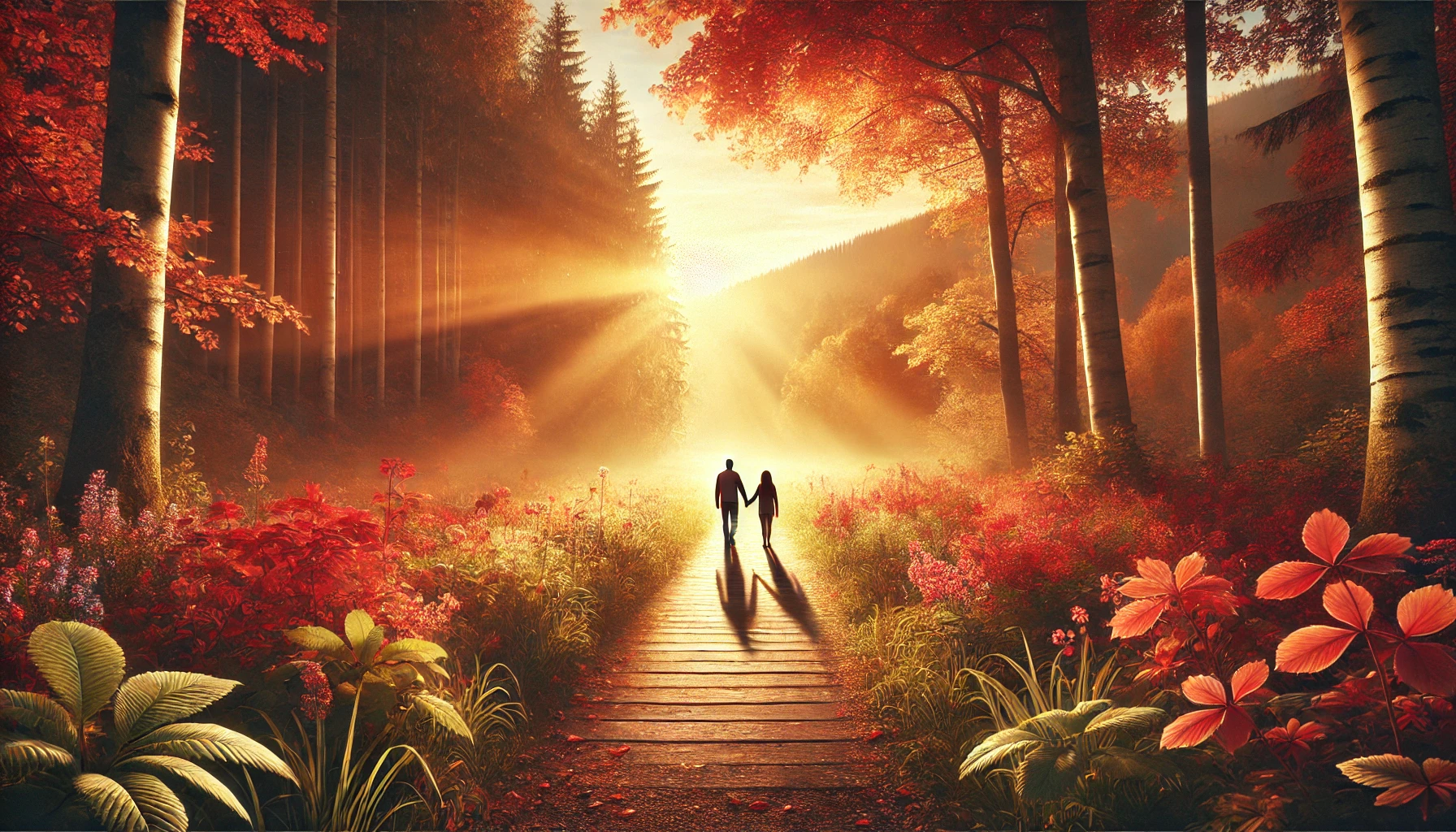 A couple is seen from far away walking at sunset in a forest.