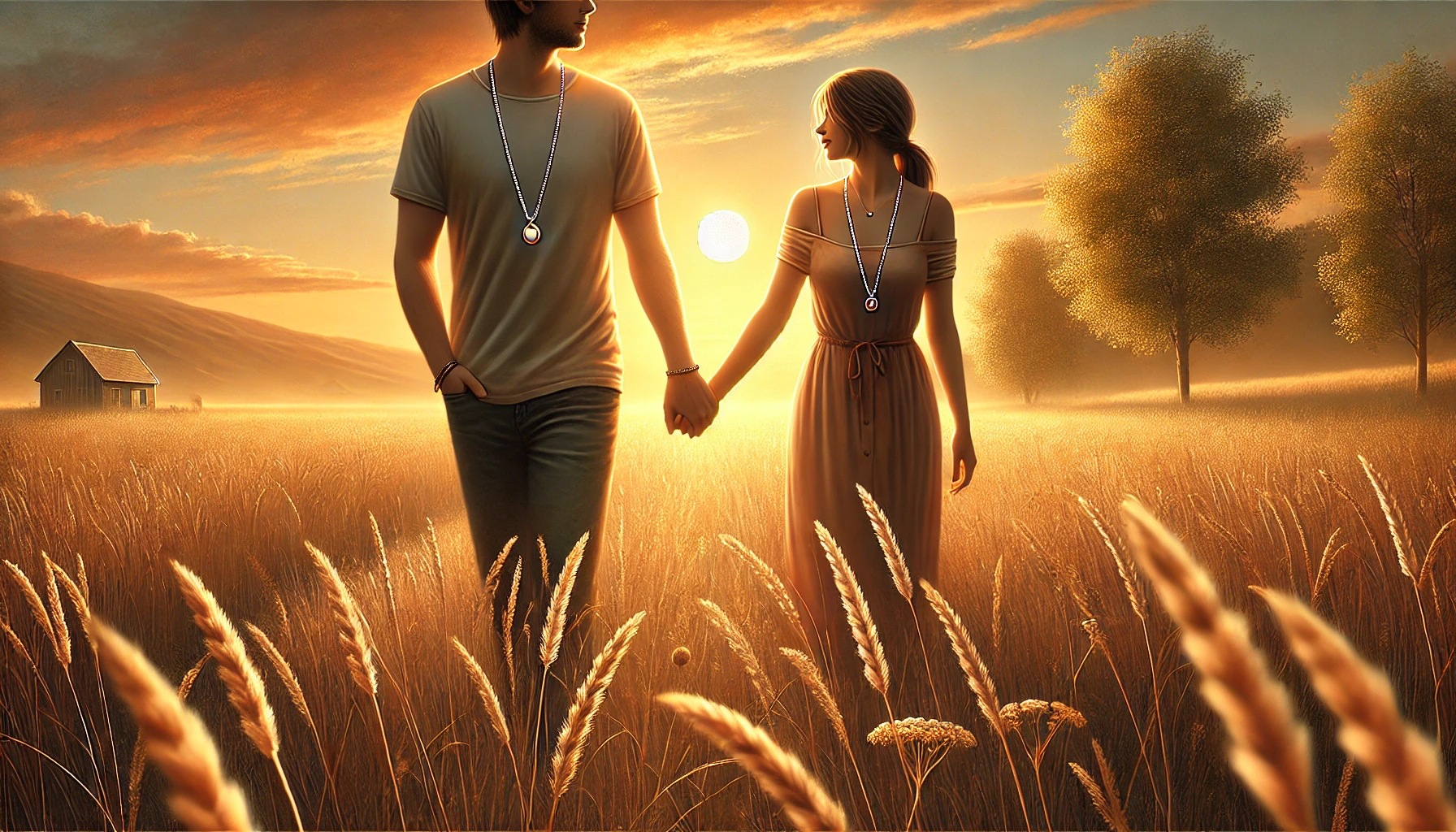 realistic horizontal illustration of a couple walking hand-in-hand through a peaceful meadow at sunset. The man and woman are wearing necklace