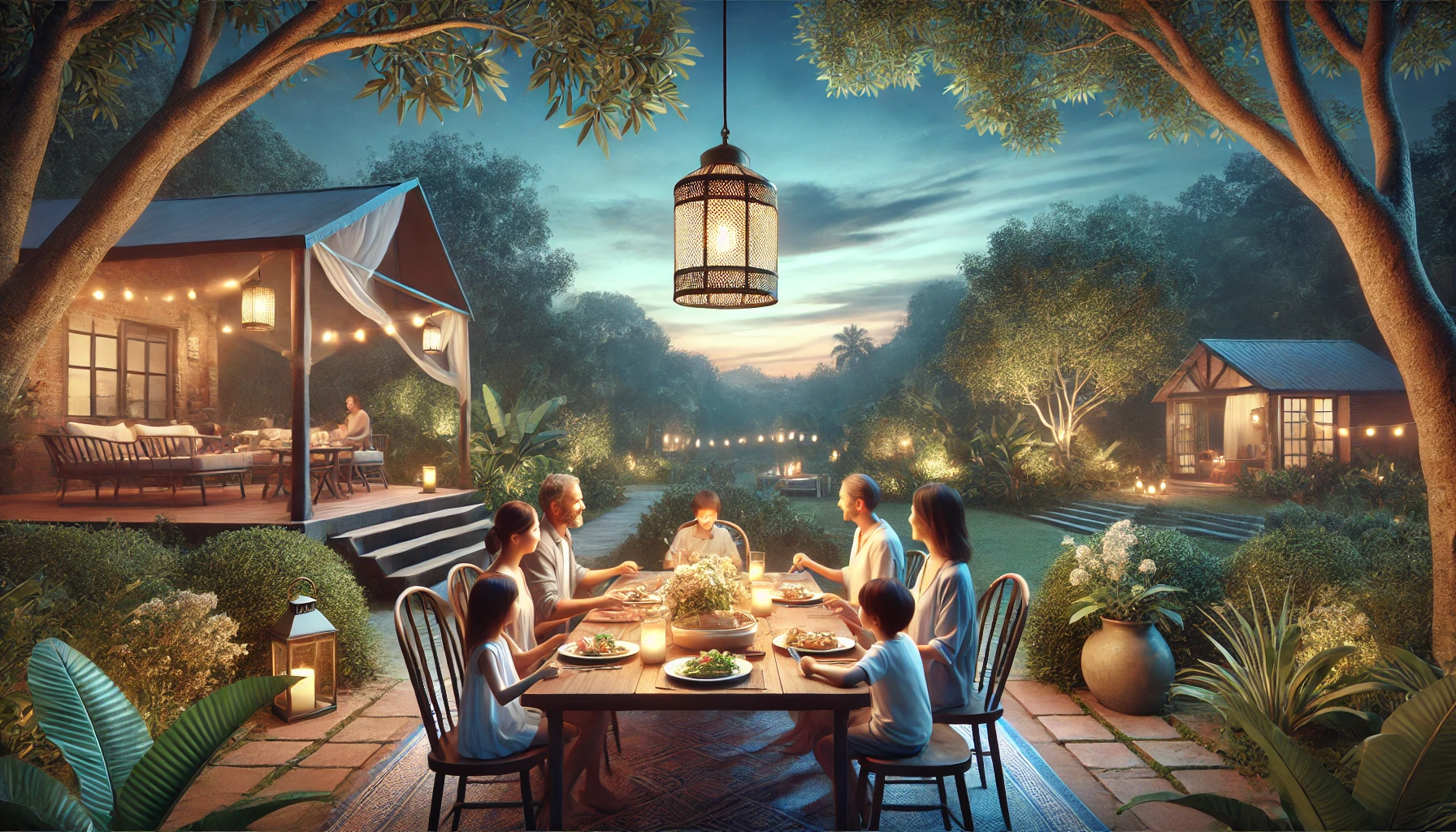 realistic horizontal illustration of a family gathered around a dinner table in a serene outdoor setting, sharing a meal together under a twil