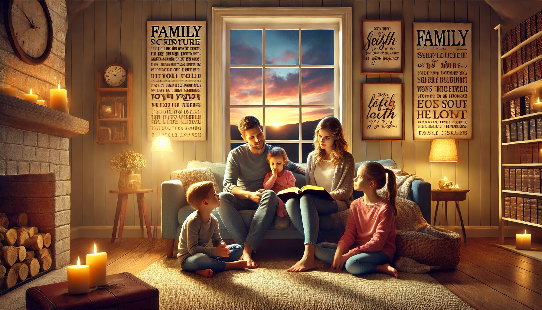 realistic horizontal illustration of a family sitting together in a warm, cozy living room, engaging in a family Bible study. The parents are