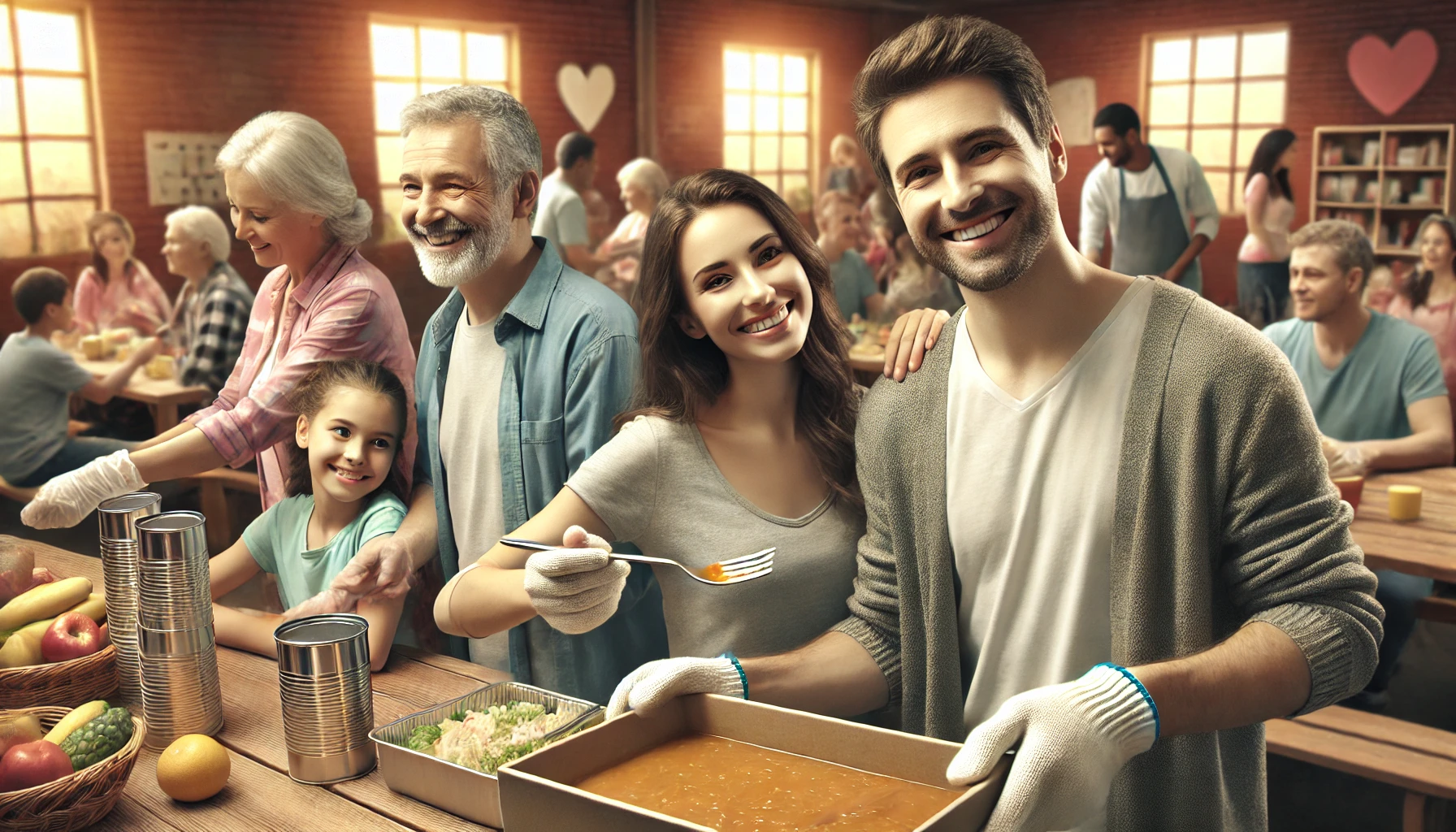 realistic horizontal illustration of a family volunteering together at a community center. The family is seen joyfully helping others by servi