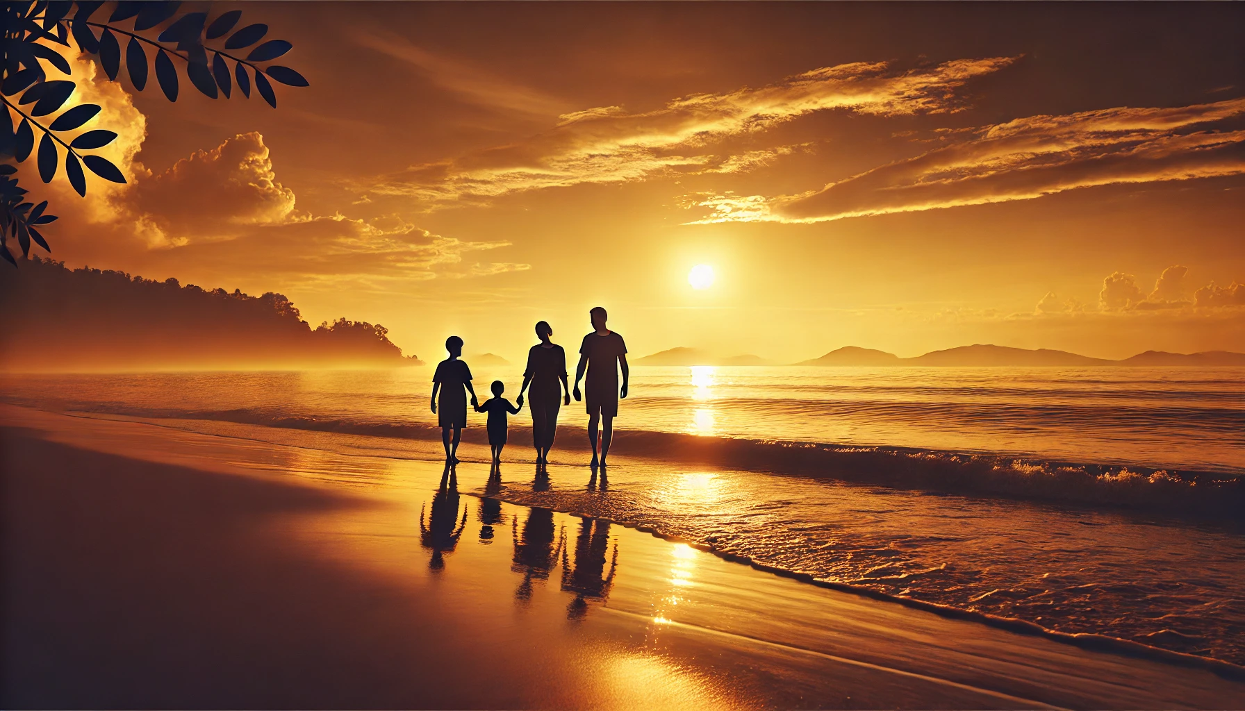 realistic horizontal illustration of a family walking hand-in-hand along a tranquil beach at sunset. The golden sky reflects on the calm ocean