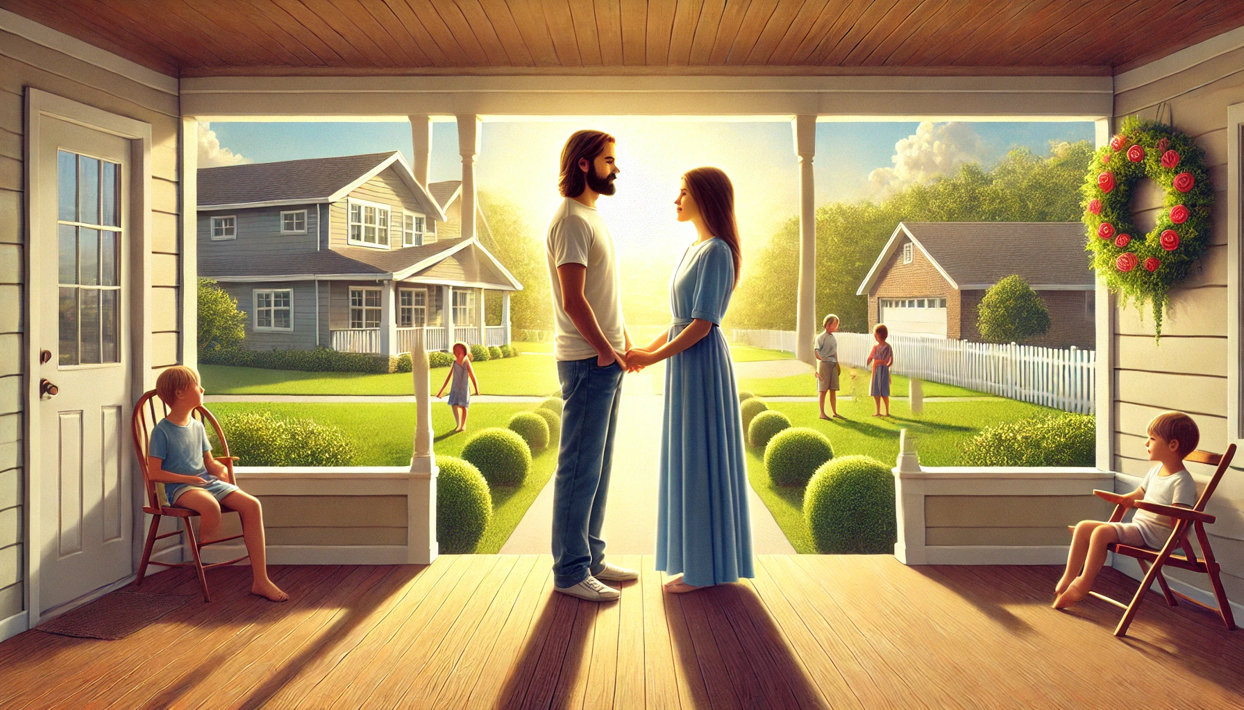 realistic horizontal illustration of a husband and wife standing together on a sunny porch, lovingly holding hands and gazing at each other. T