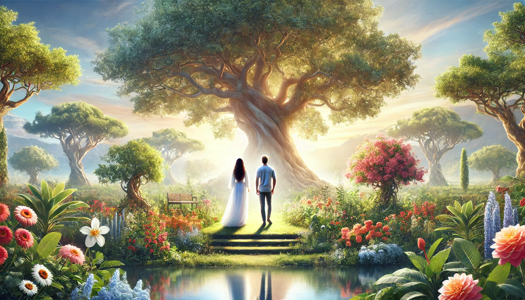 realistic horizontal illustration of a man and woman in a serene garden setting, standing side by side under a large, ancient tree. The surrou