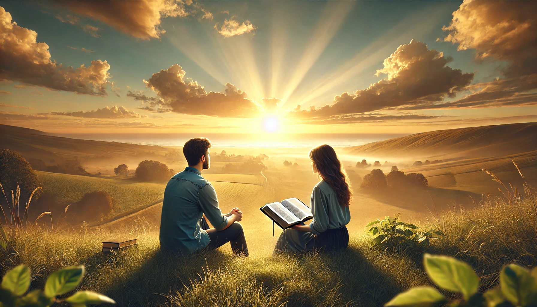 realistic horizontal illustration of a young couple sitting on a grassy hill at sunrise, each holding an open Bible. The serene landscape feat