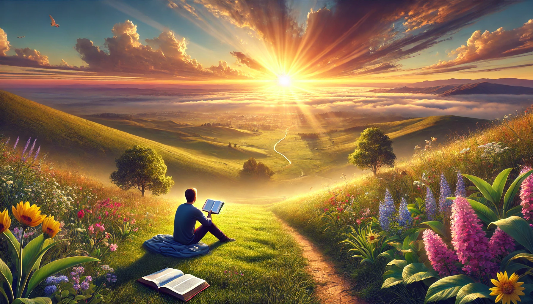 realistic horizontal illustration showing a person sitting peacefully on a hillside, reading a Bible at sunrise. The serene environment includ