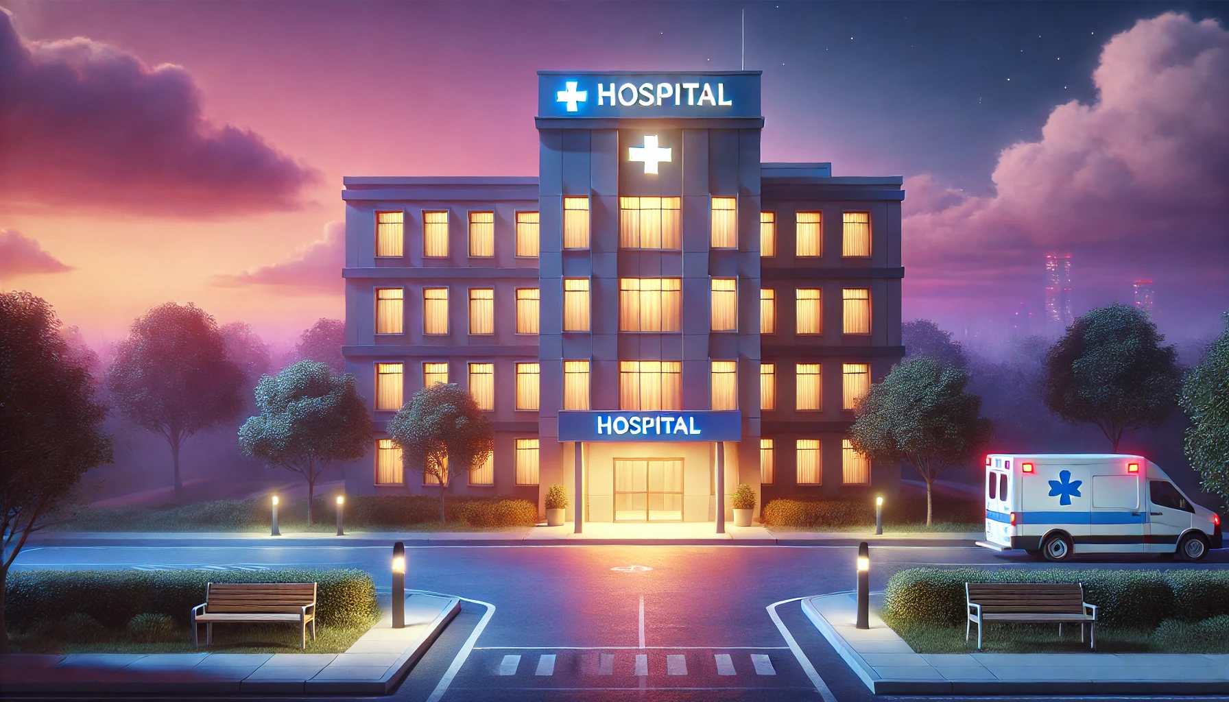 realistic horizontal image of a hospital exterior during twilight, with warm lights glowing inside symbolizing hope and healing. The sky is pa