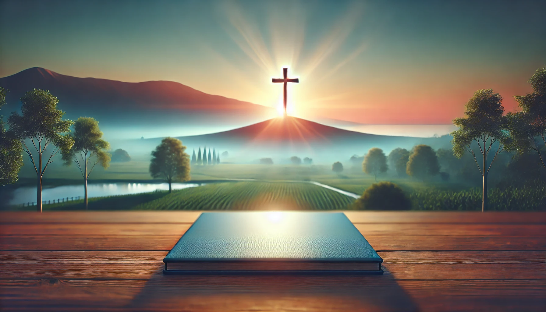 realistic horizontal image of a peaceful sunrise over a tranquil countryside, with a soft focus on a glowing cross atop a hill in the distance