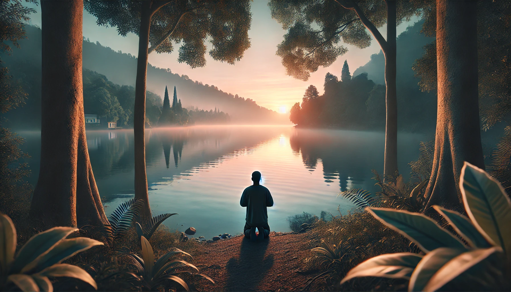 realistic horizontal image of a person kneeling in prayer at the edge of a serene lake during sunrise. The water reflects the soft colors of t