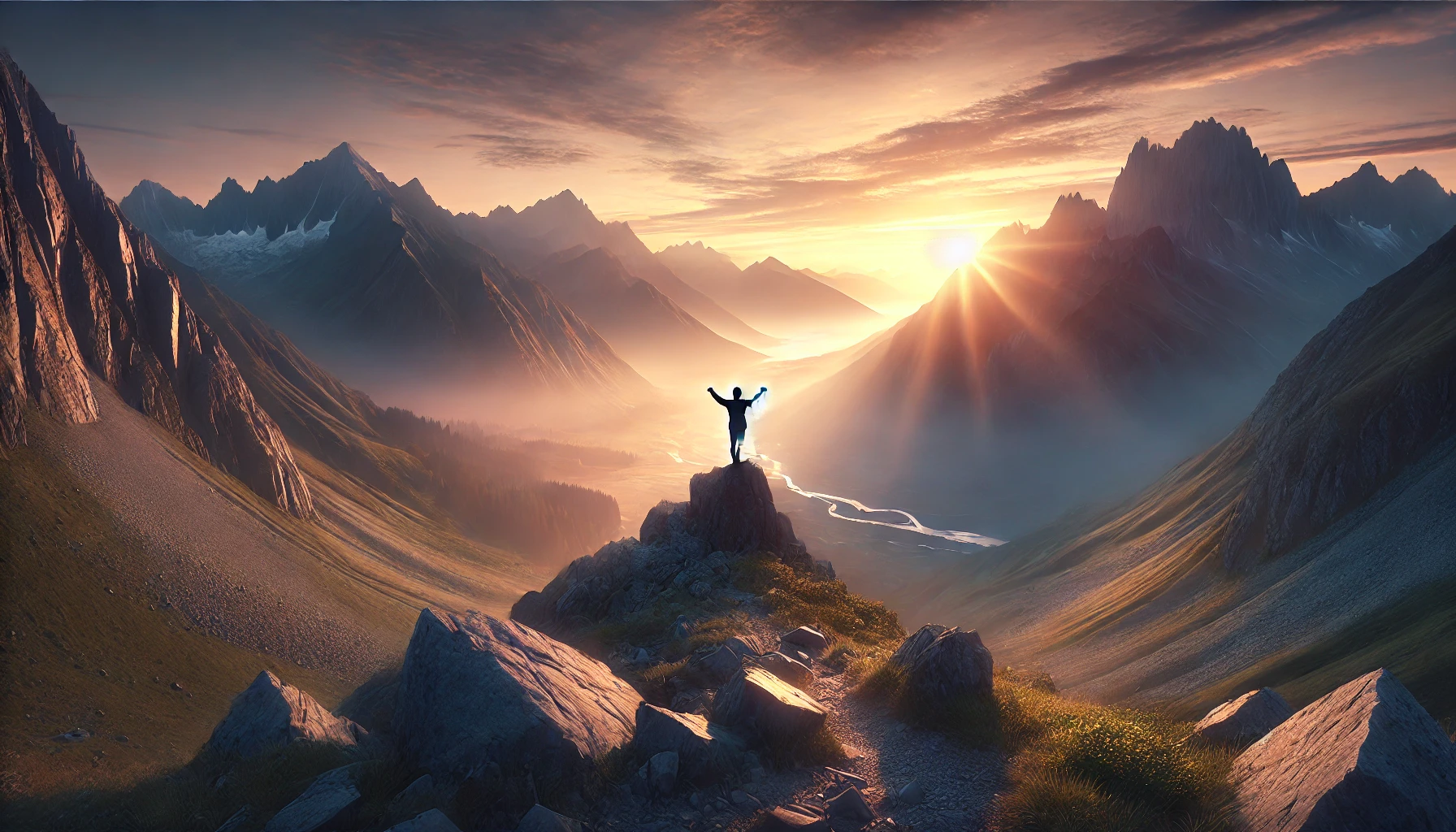 realistic horizontal image of a tranquil mountain valley at sunrise, with soft light illuminating the peaks and a figure standing on a rock in