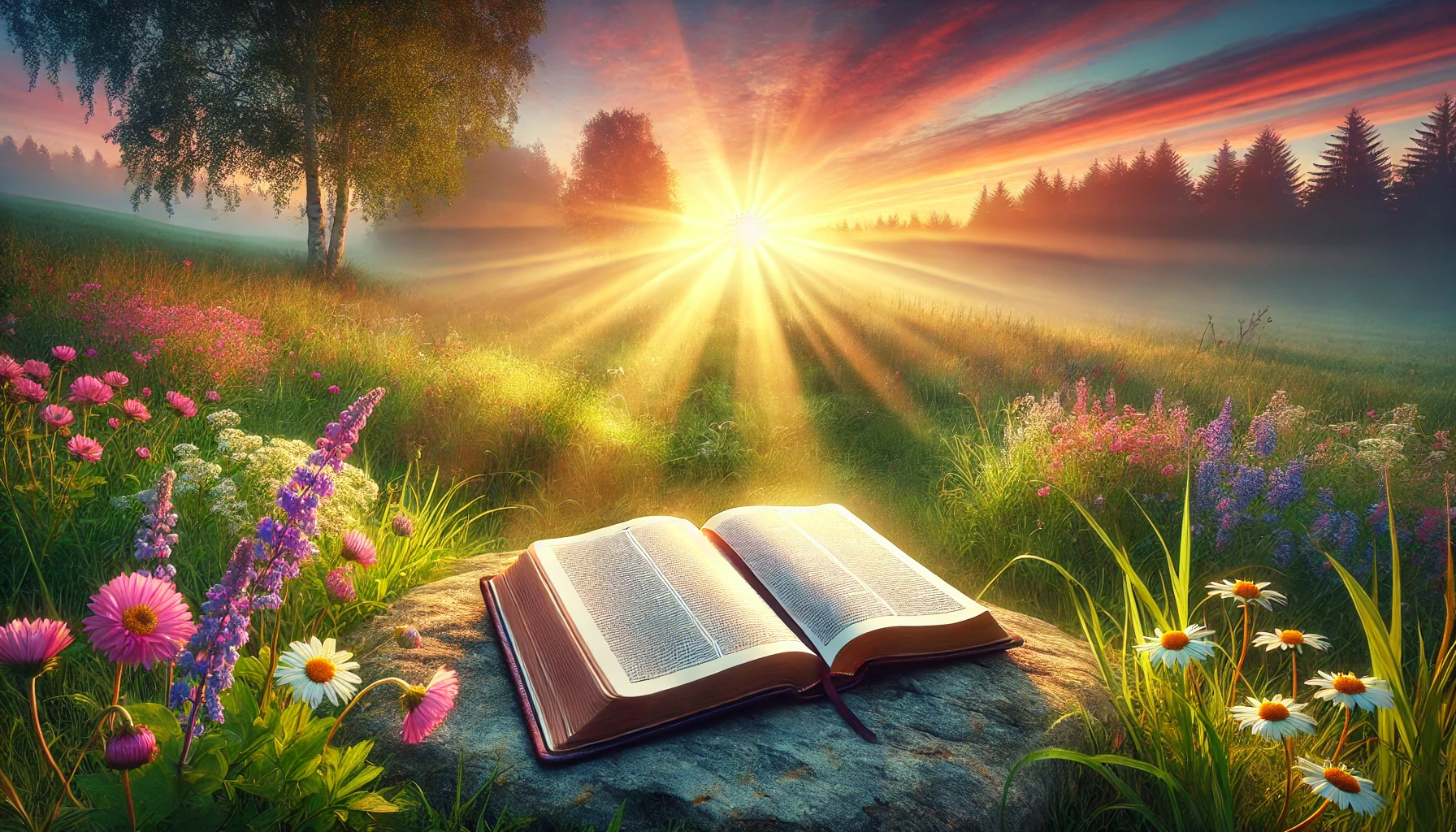 realistic horizontal image of a vibrant sunrise over a peaceful meadow, with an open Bible resting on a stone. The rays of sunlight gently ill