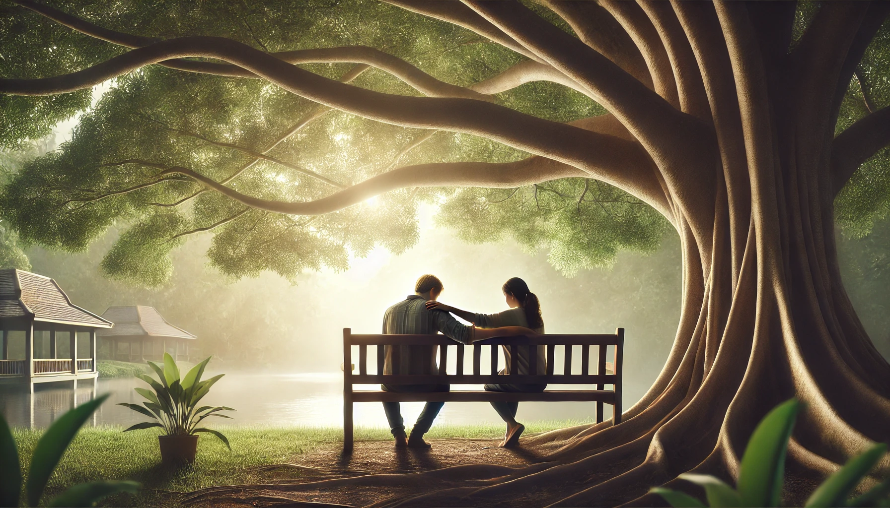 A couple sits under a tree on a bench facing away from the viewer.