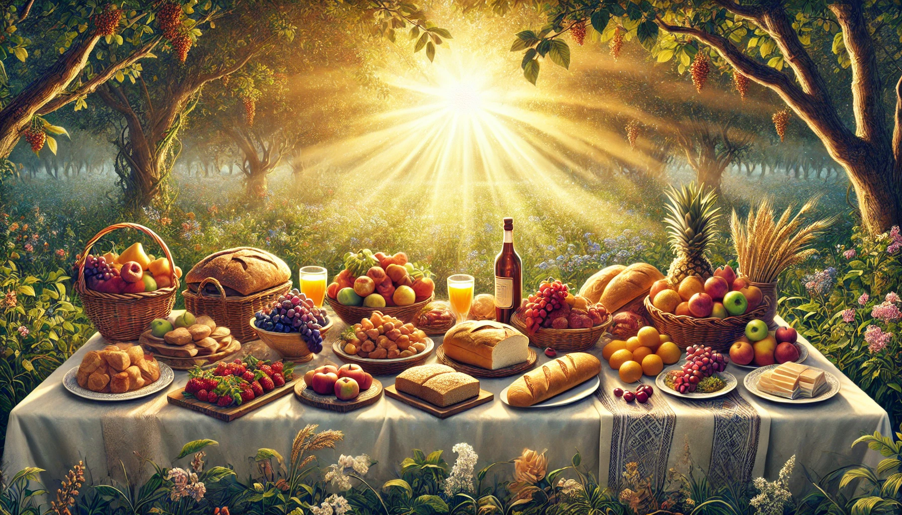 A bountiful table filled with fresh bread, fruits, and other food set on a table.