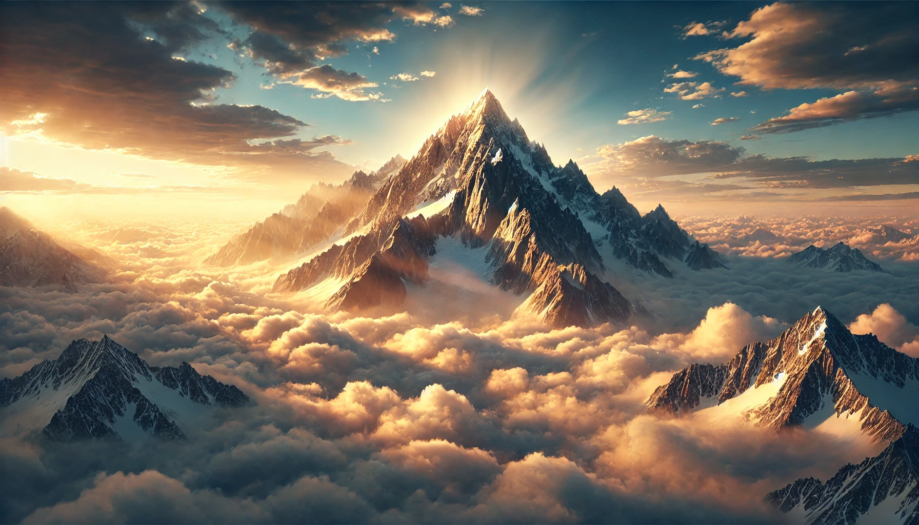 A breathtaking mountain peak breaking through the clouds at sunrise.