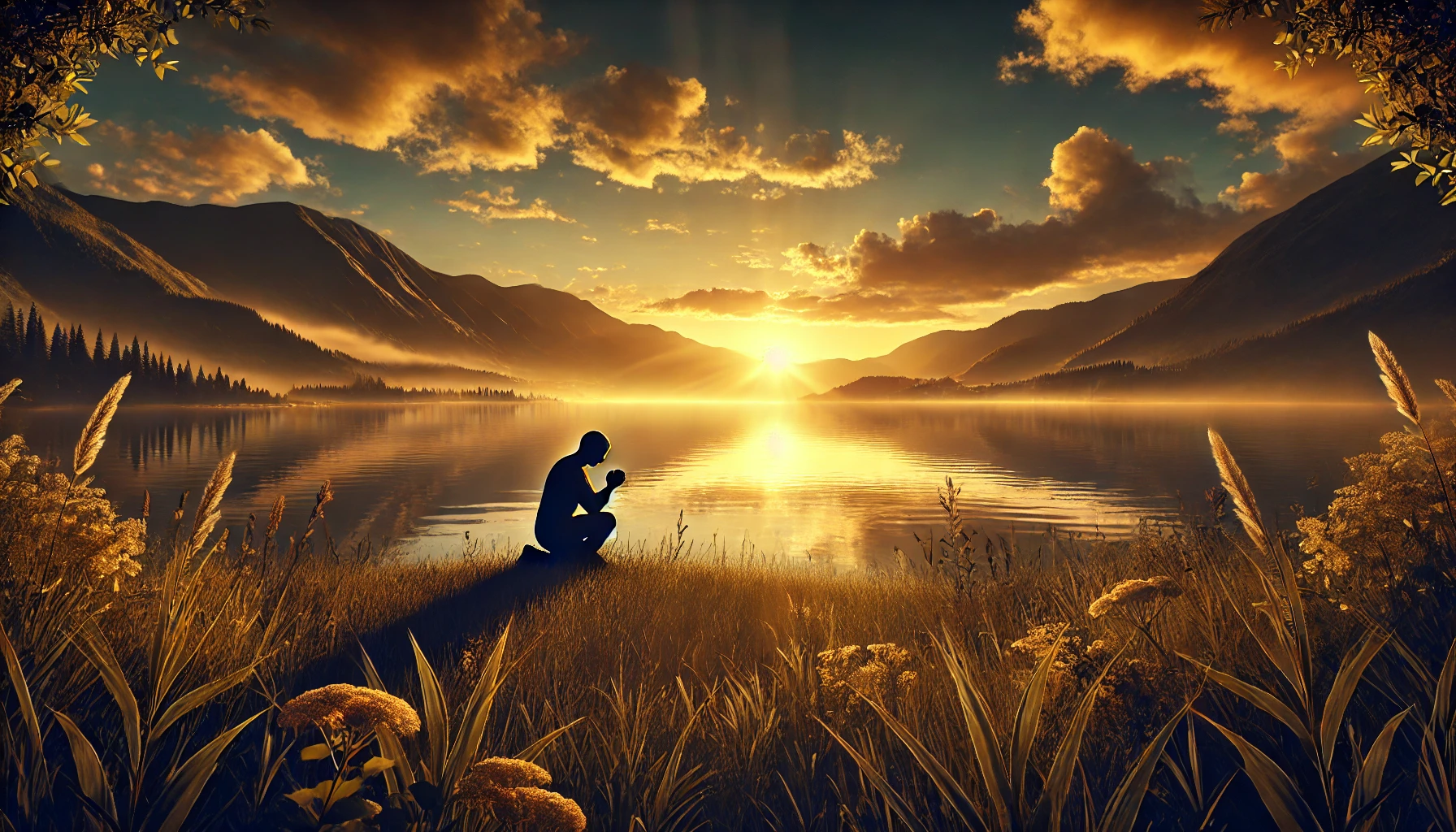 A calm lake at sunset, reflecting golden light with mountains in the background.