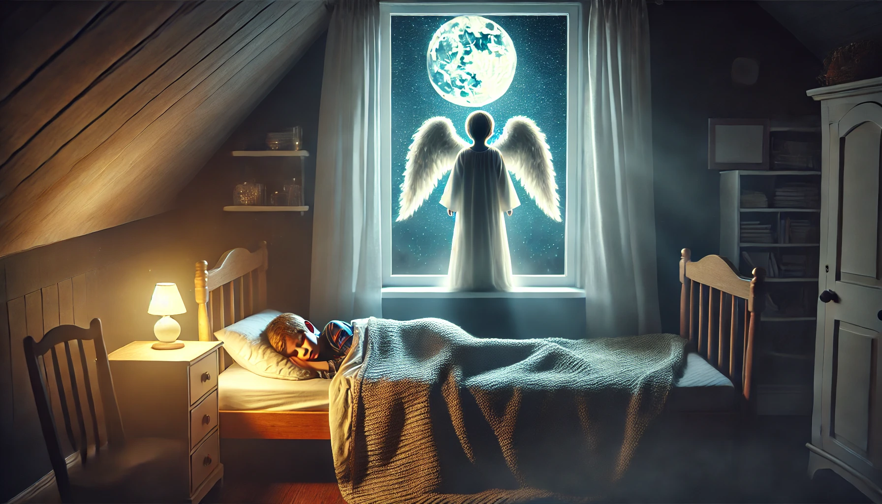 A calm night scene featuring an angelic figure standing watch over a sleeping child in a cozy bedroom.