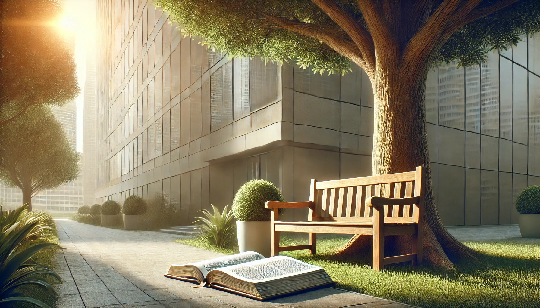 A calm outdoor setting near a modern office building.