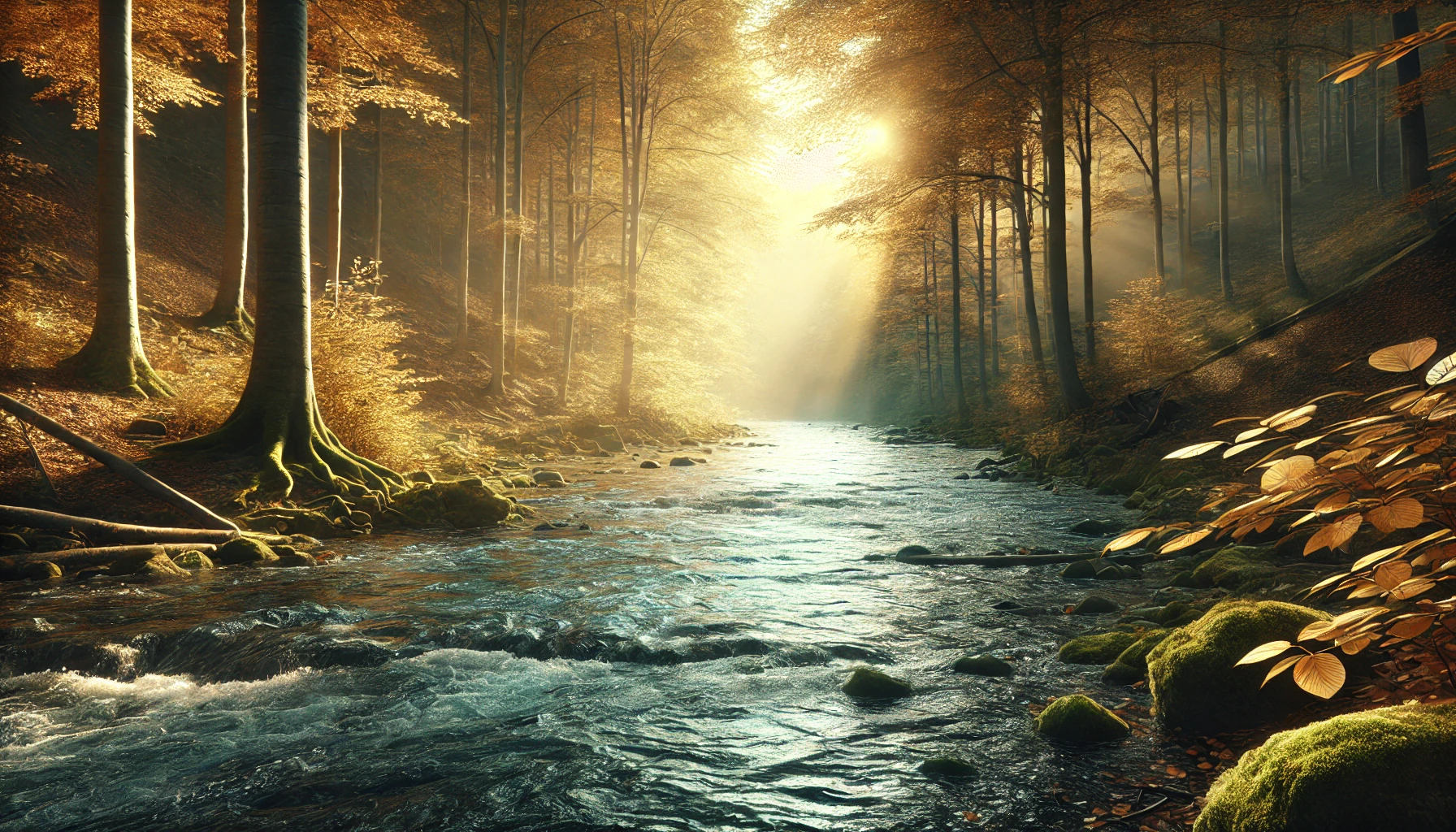 A calm river flowing through a dense forest in autumn, with golden leaves and soft sunlight breaking through the trees.