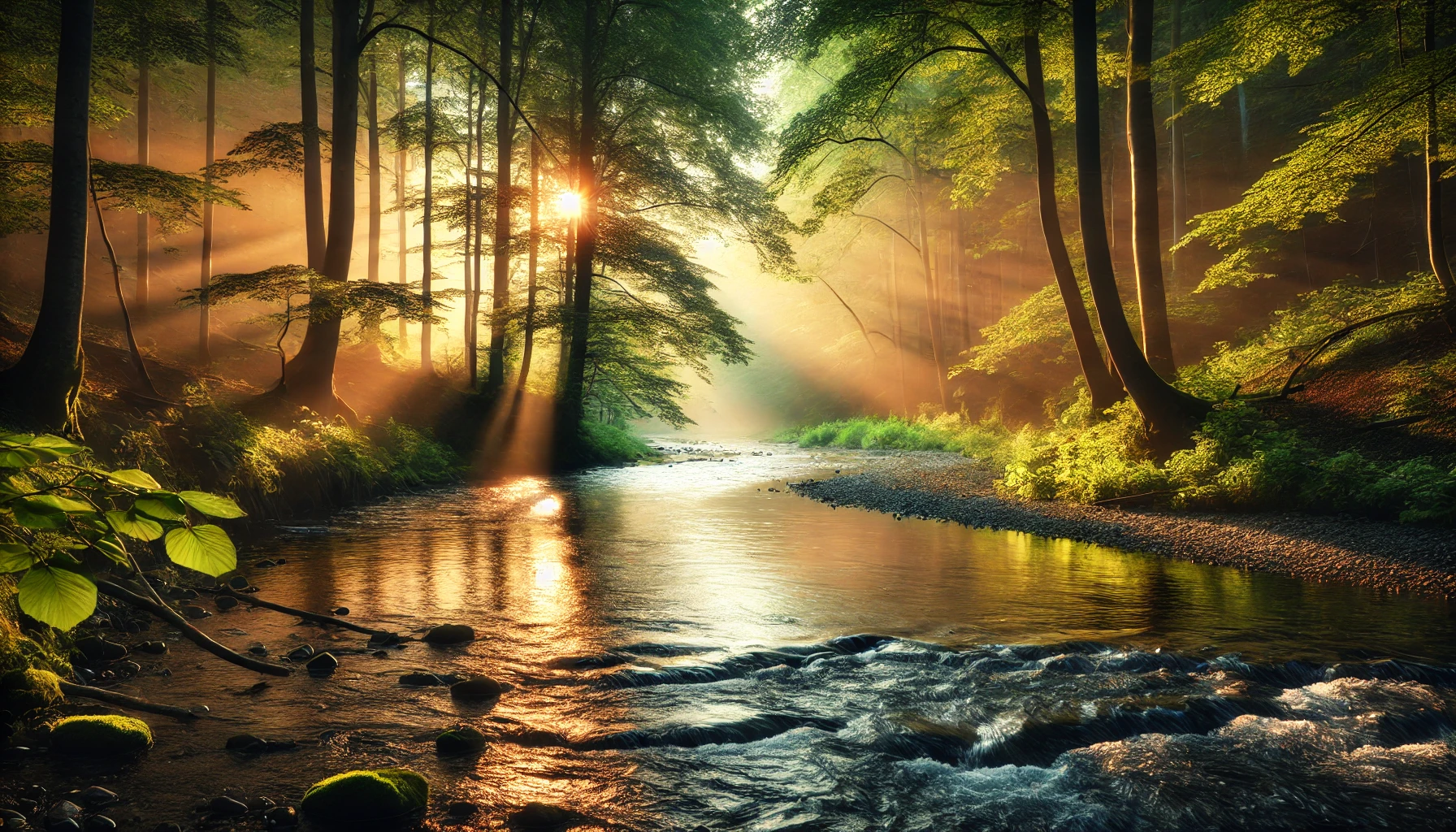 A calm river flowing through a forest at sunrise, with soft rays of sunlight filtering through the trees, creating a warm glow.