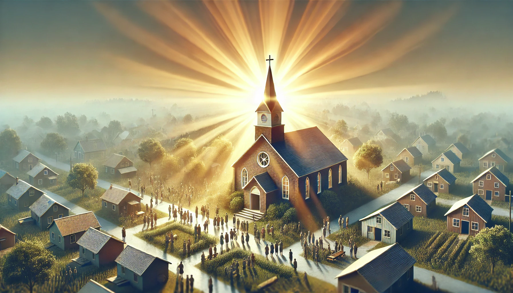 A church in a small village at dawn, with rays of sunlight shining down.