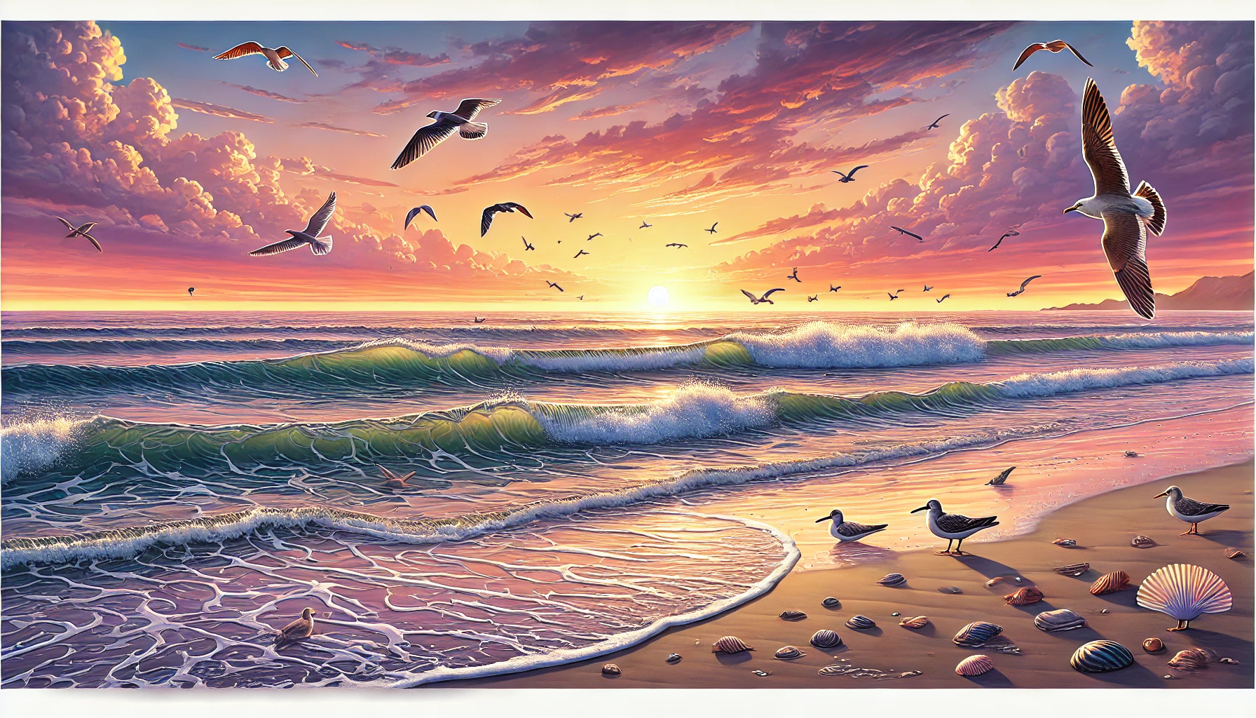 A coastal scene at sunset with waves gently lapping against the sandy shore and a variety of sea creatures.