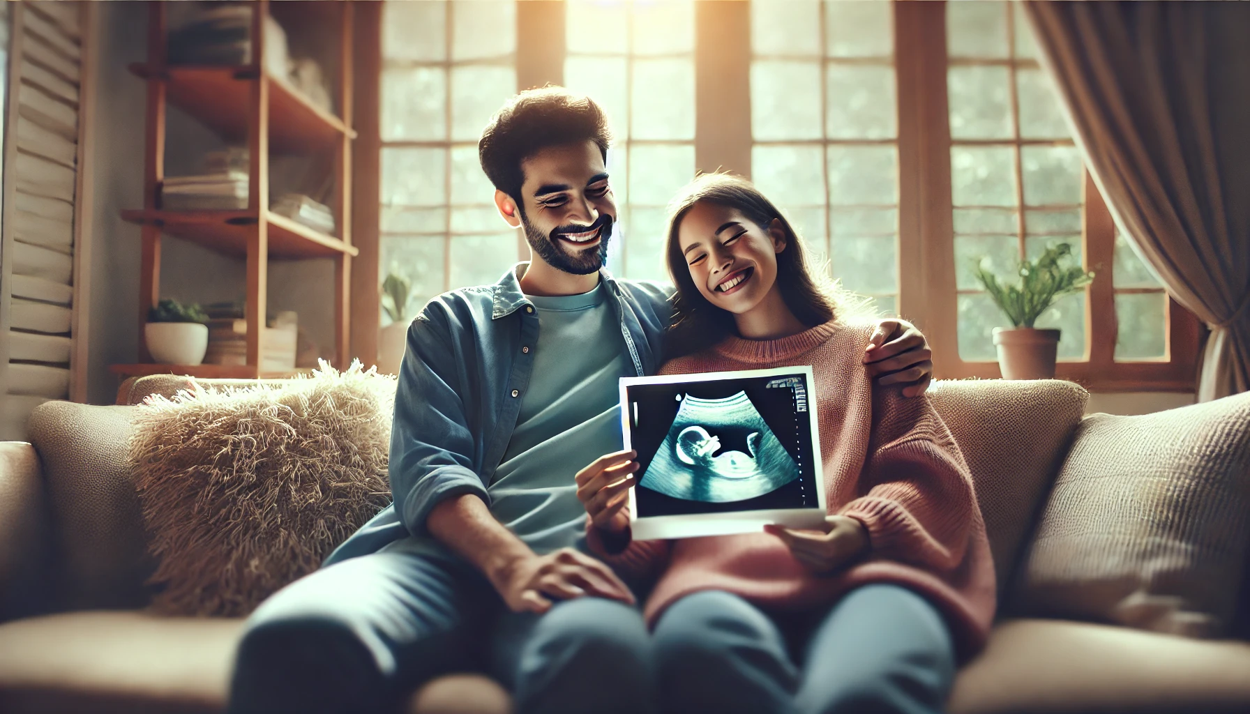 A couple sitting together on a couch in a cozy home, looking at an ultrasound photo.