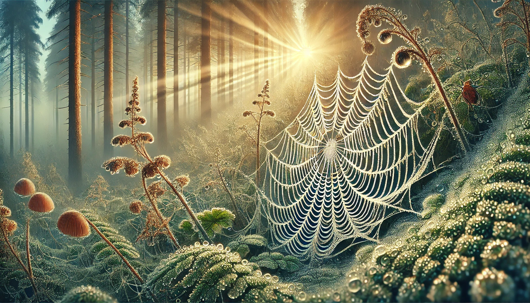 A detailed close-up of intricate natural elements, such as a dew-covered spiderweb.