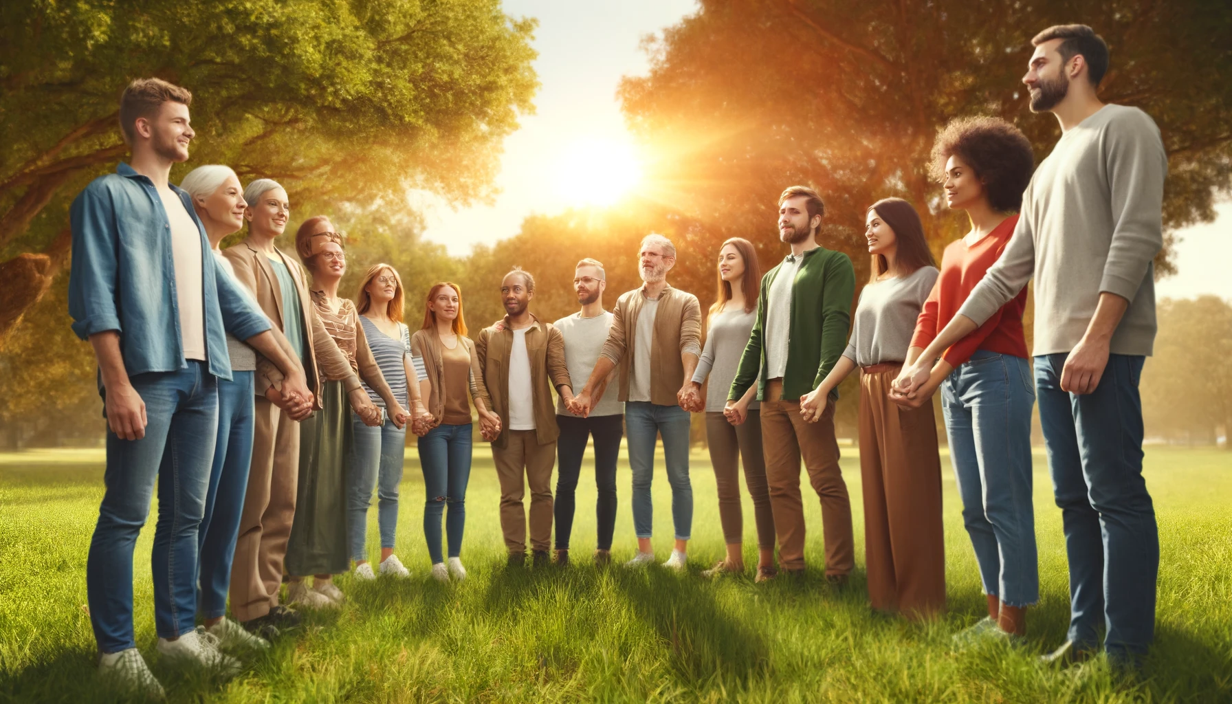 A diverse group of people holding hands in a park.