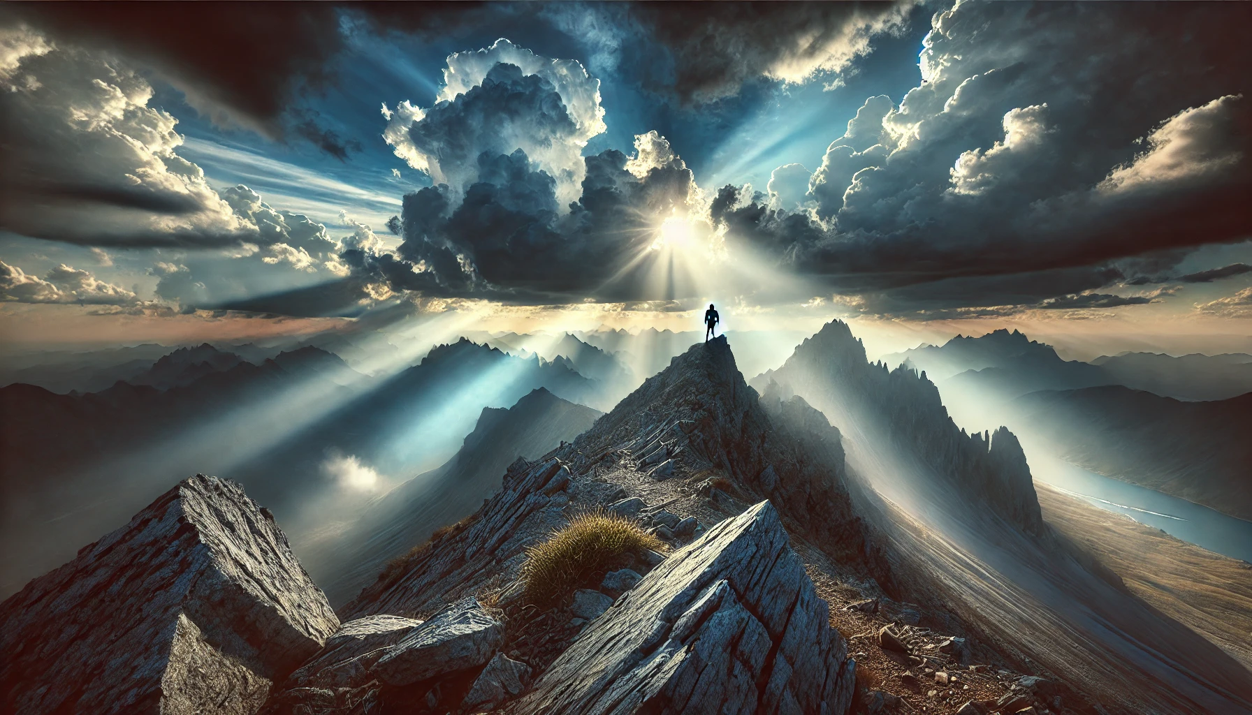 A dramatic landscape showing a hiker standing on a rocky mountain peak under a vast, radiant sky with beams of sunlight breaking through the clouds. T