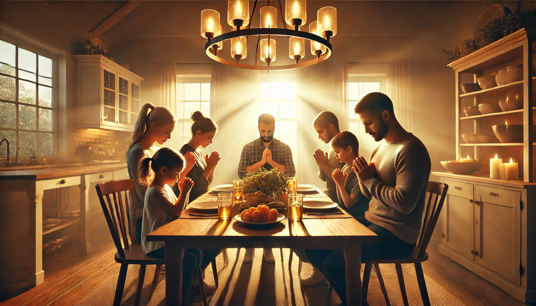 A family praying together around a dining table before a meal, with warm light illuminating the room.