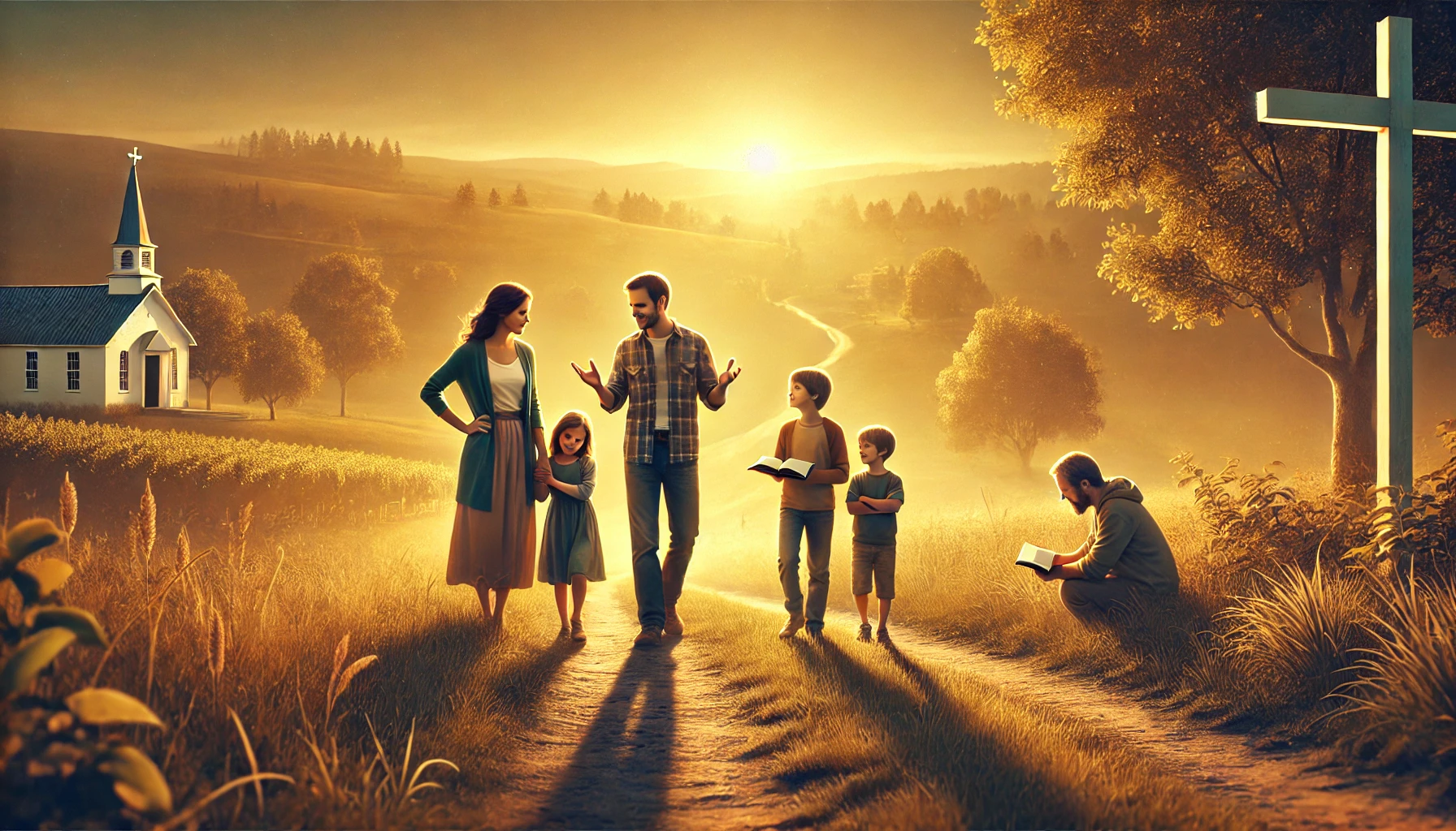 A family walking together on a serene path through a countryside.