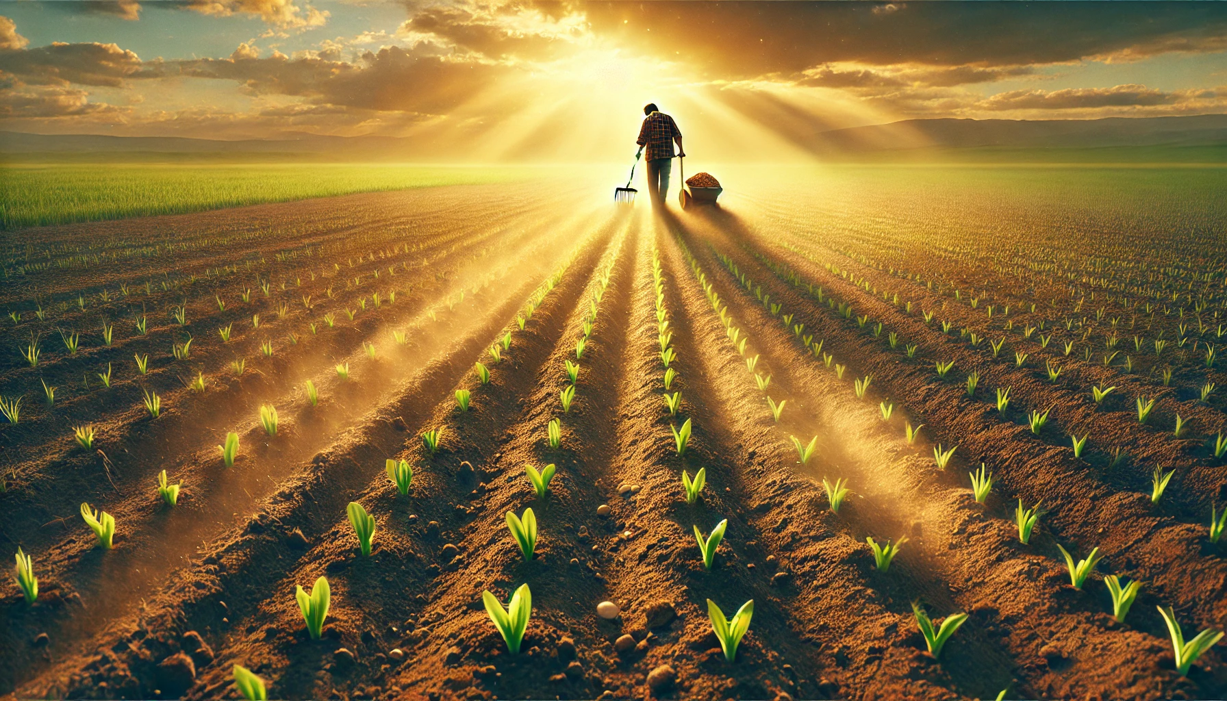 A farmer sowing seeds in a rich, fertile field at sunrise.