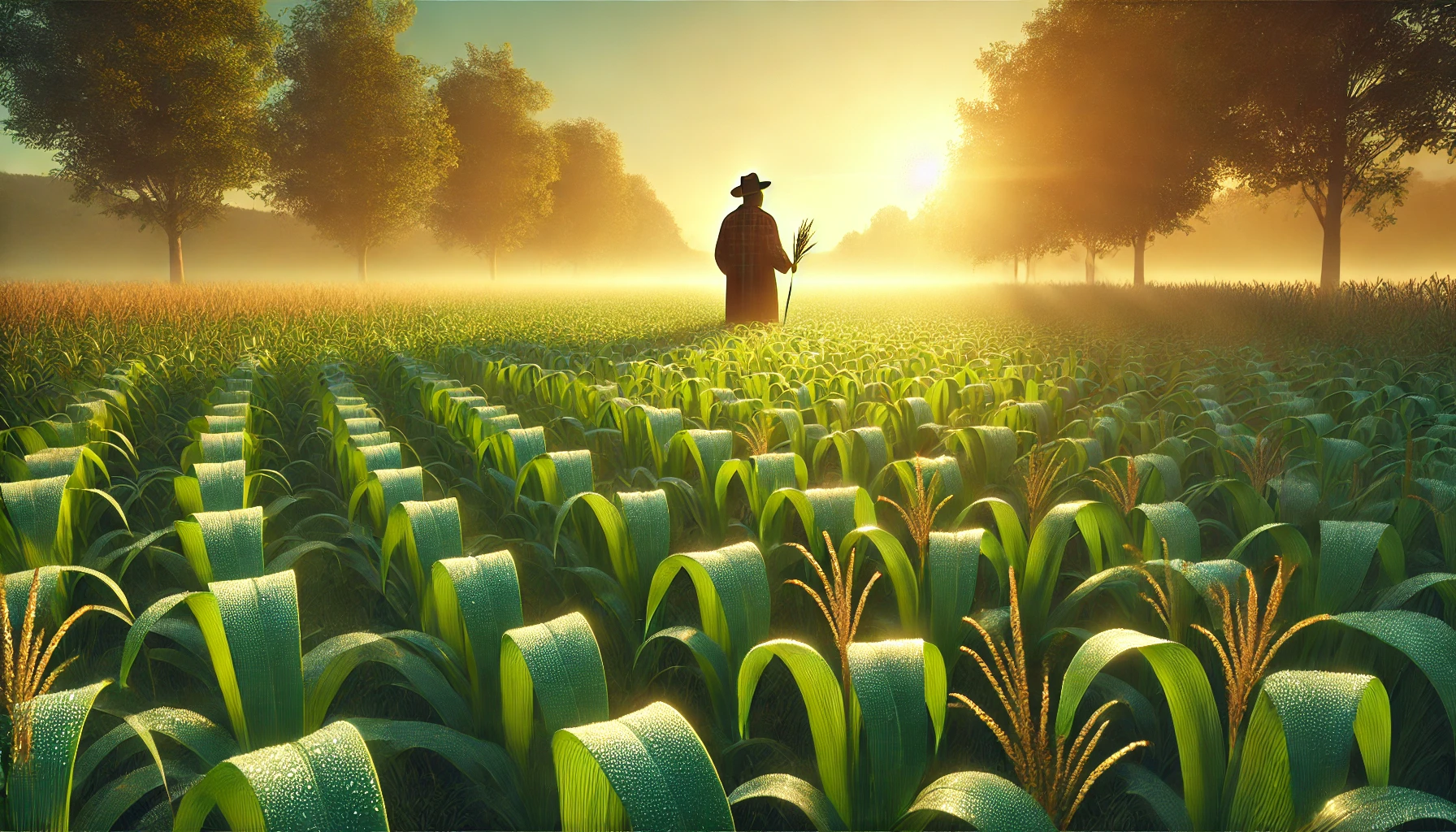 A farmer standing in a lush, green field during a golden sunrise.