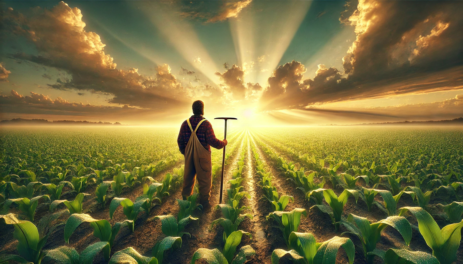 A farmer standing in a vast field of crops at sunrise.