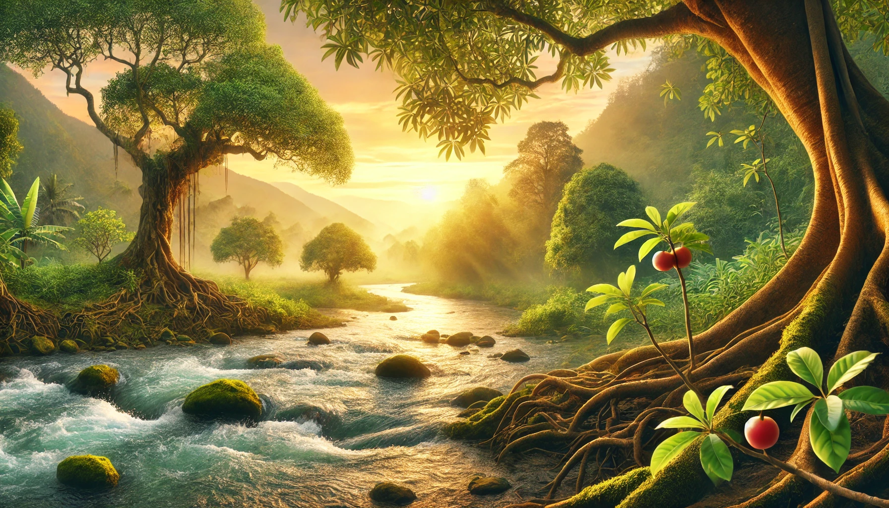 A flowing river surrounded by lush greenery, with a vibrant sunrise in the background.