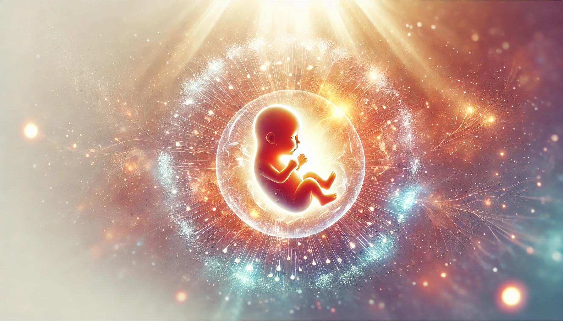 A glowing fully grown fetus inside the womb, surrounded by soft, radiant light surrounding it.