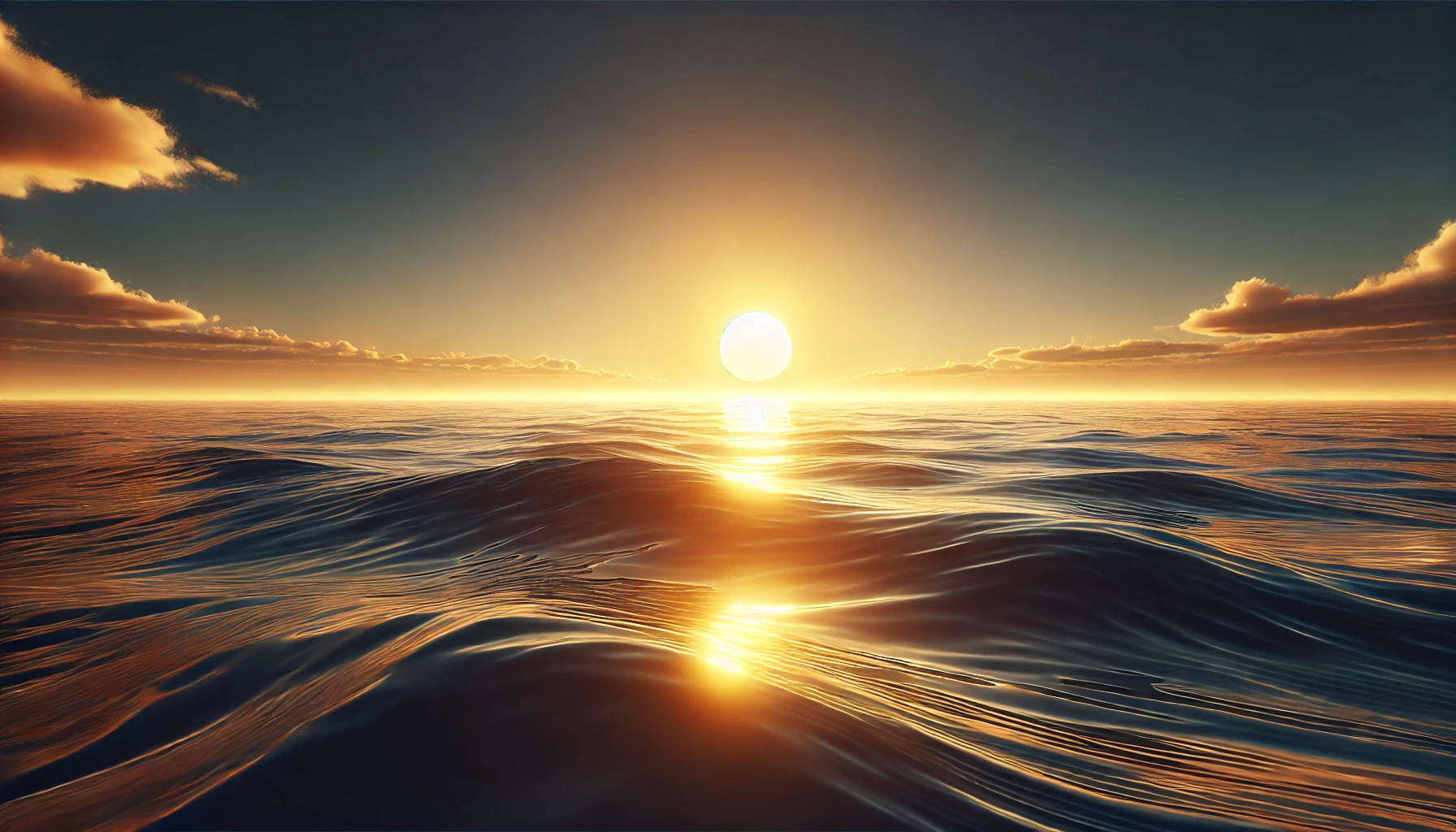 A glowing sunrise over a calm ocean.