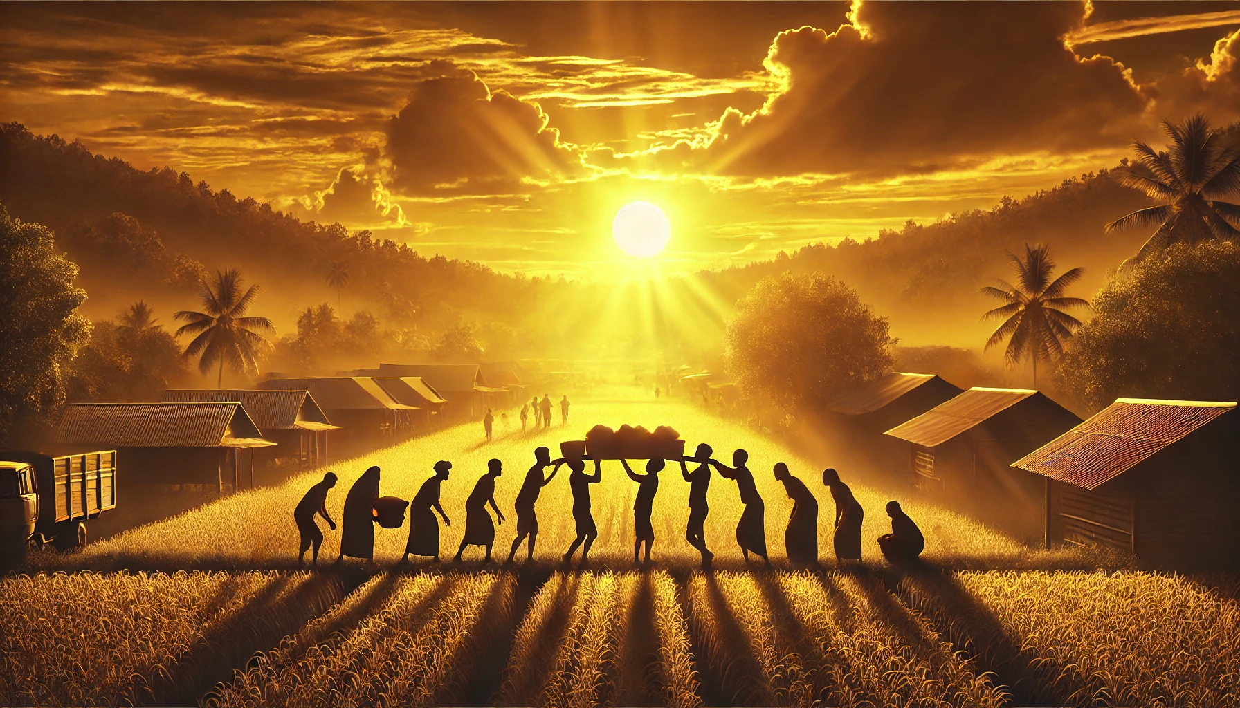 A golden sunset over a rural village, with people helping one another carry goods.