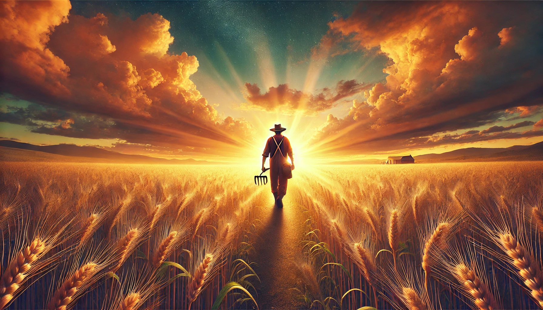 A golden wheat field under a vibrant sunset sky.